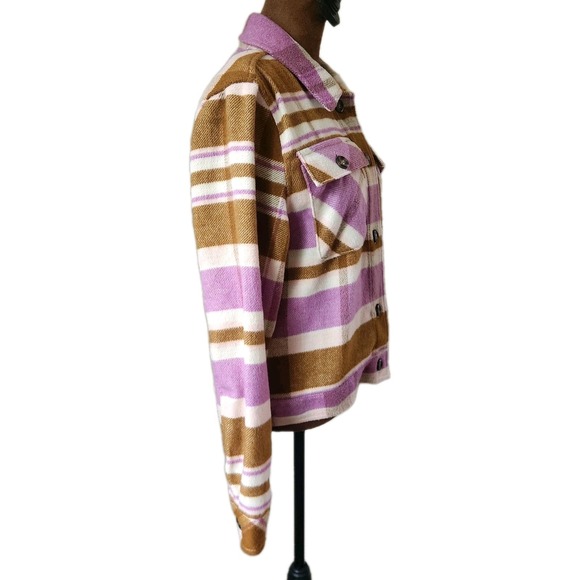 Kensie Plaid Fleece Shacket Jacket Size M Purple Tan Crop Women's Fall Button Up - Picture 2 of 8
